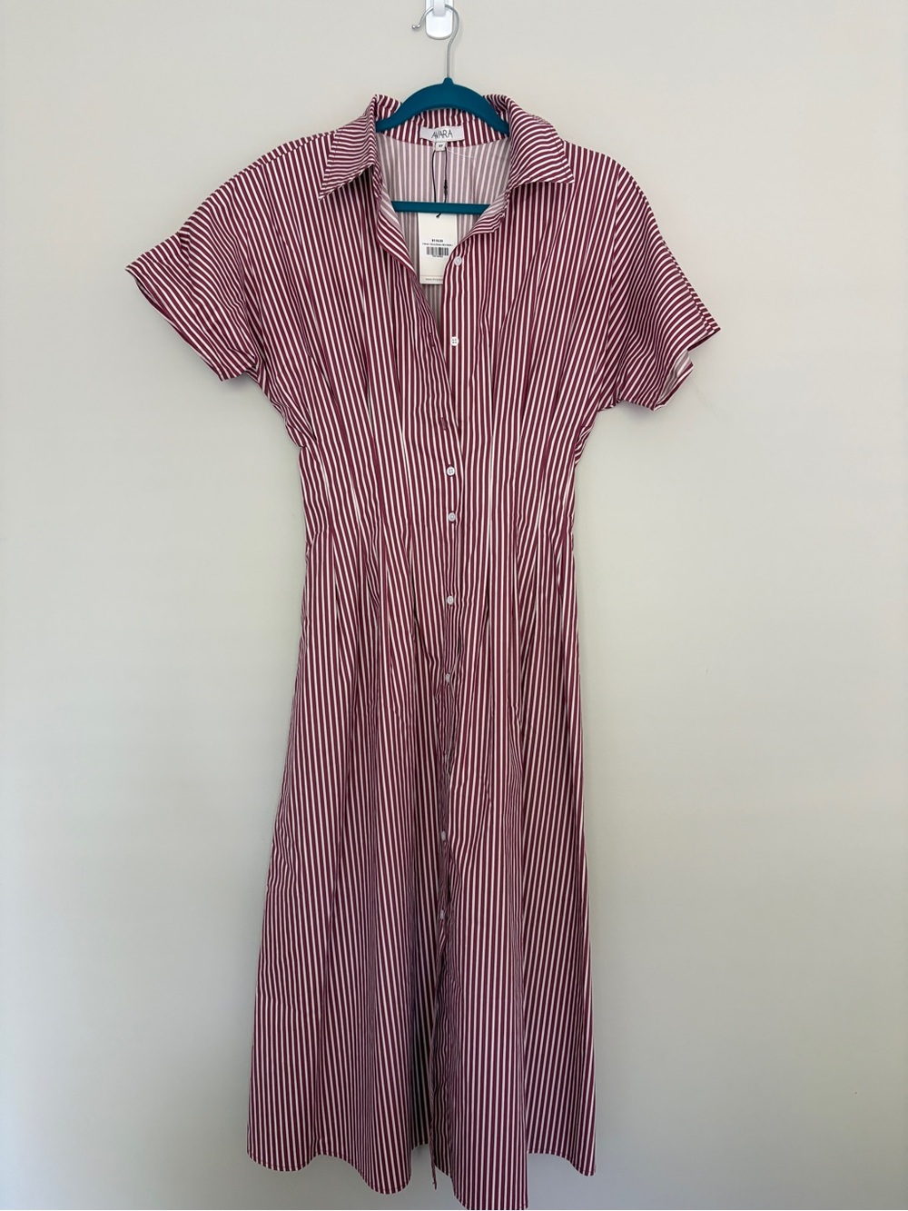 Avara Striped Button-Front Midi Dress in Burgundy and White XS